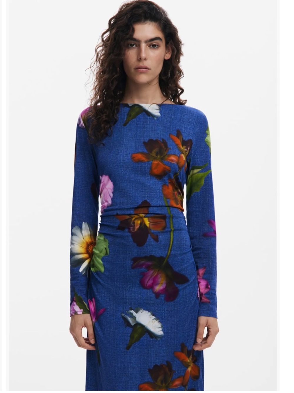 Desigual Floral Print Asymmetrical Ruched Long Sleeve Midi Dress L - Picture 4 of 11